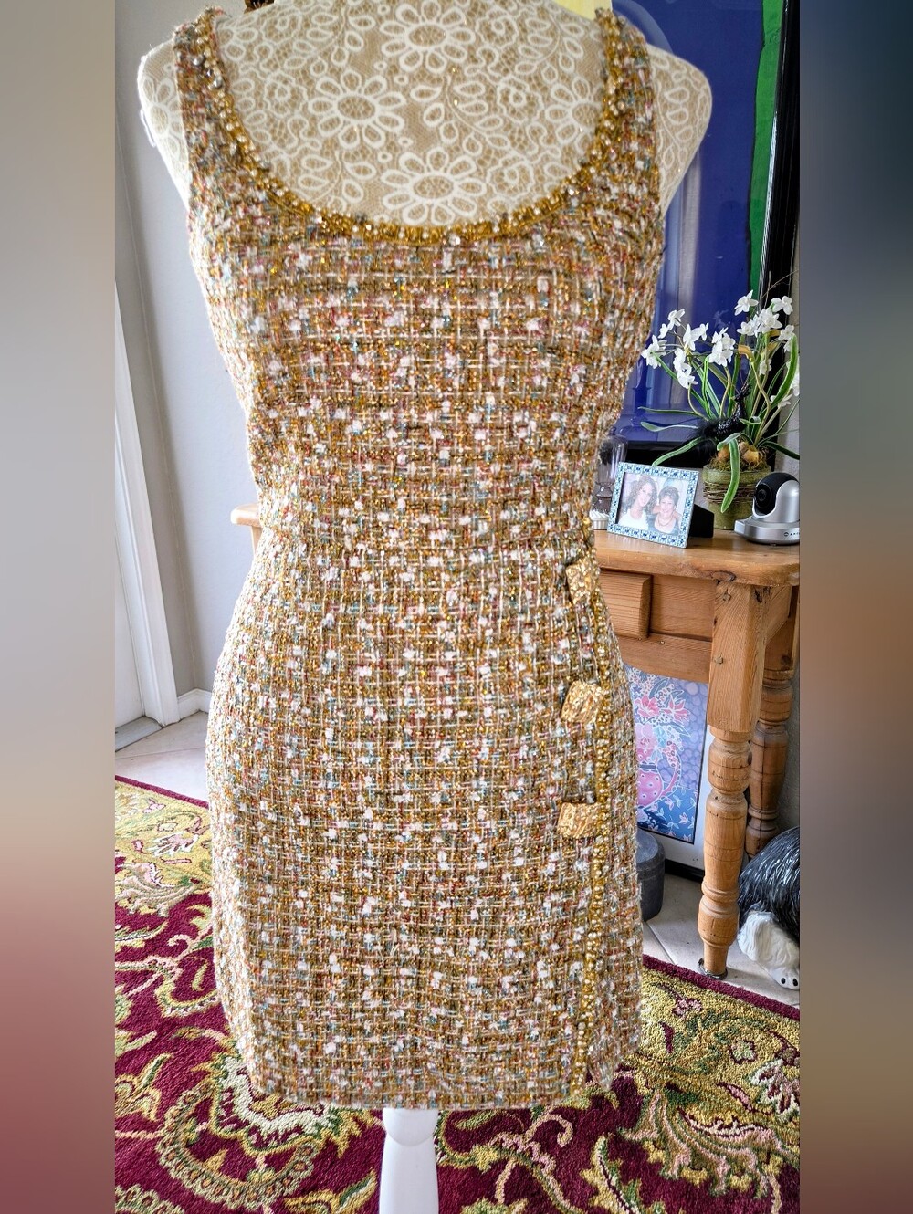 Self Portrait Gold Tinsel Boucle Mino Dress Size S
